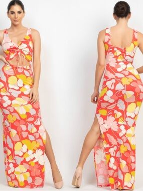 HAUTE MONDE Coral Floral Cutout Maxi Dress